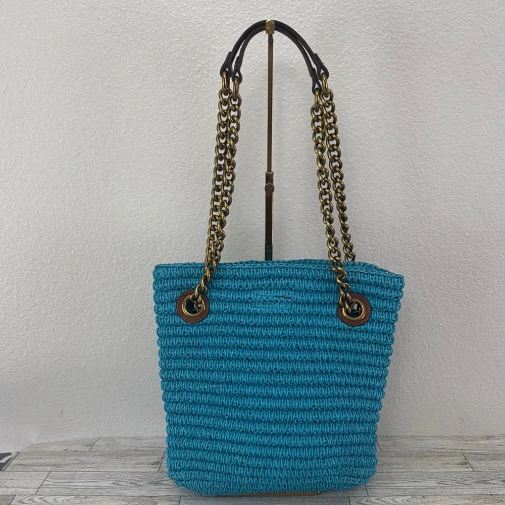 Kurt Geiger Chelsea Blue Raffia Tote Bag with Chain Handles